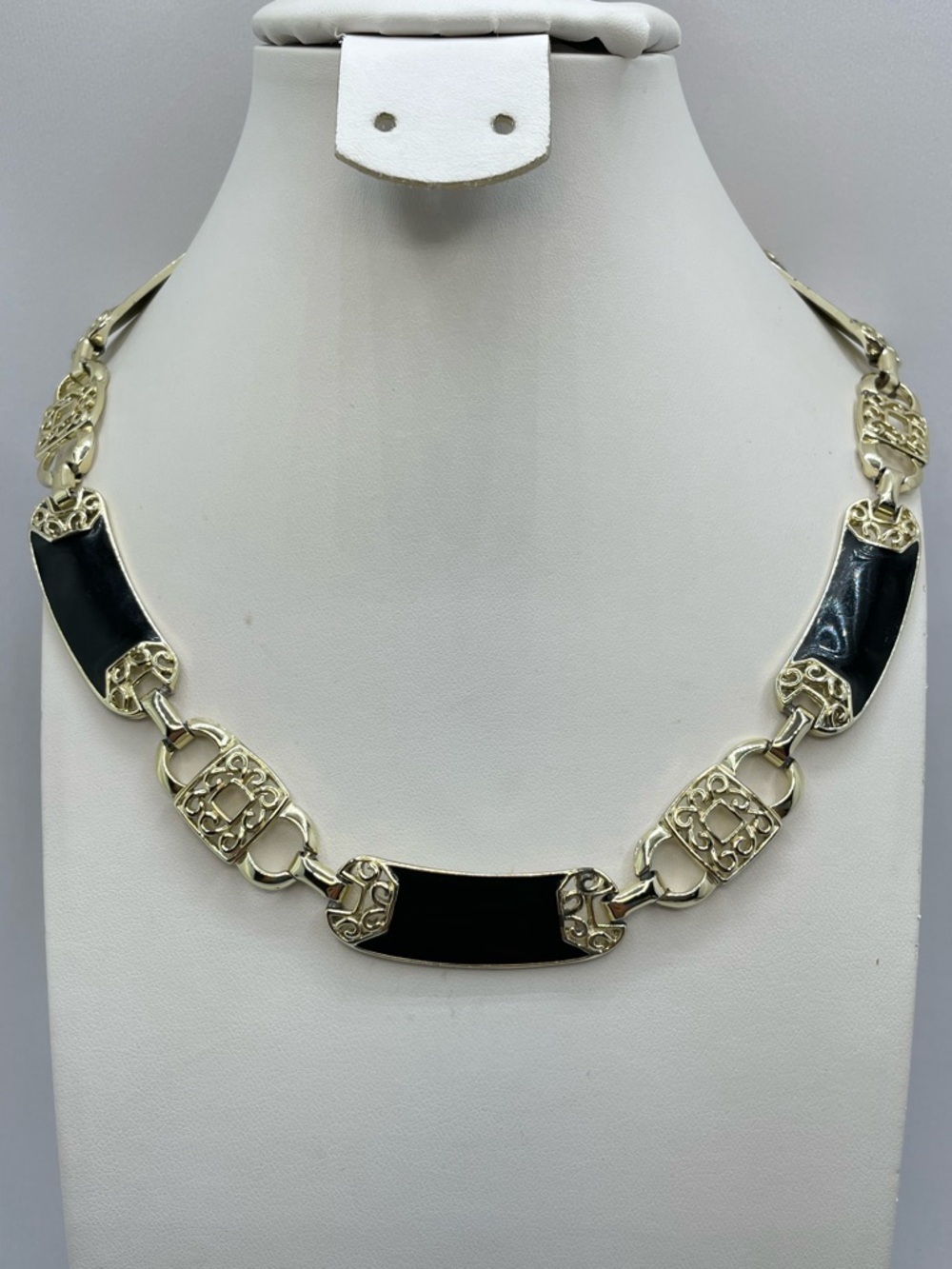 Vintage Gold Tone Black Enamel Statement Necklace Bold Geometric Link Filigree